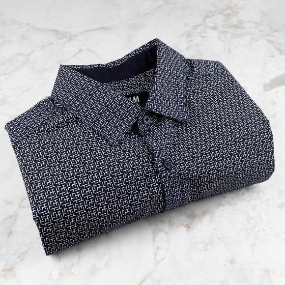 H&M Men's SMALL Black Geometric Abstract Crosshatch Print Button Up LS Shirt - Picture 6 of 11